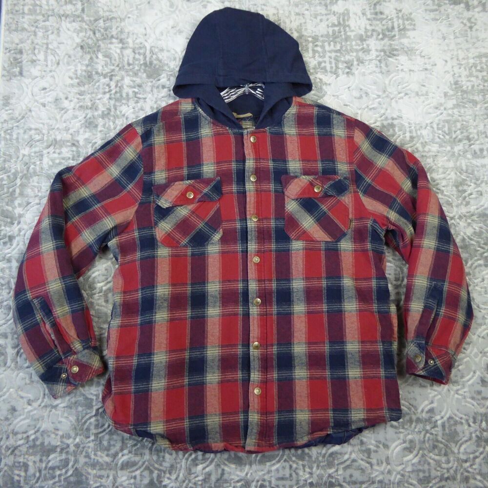 Legendary Outfitters Shirt Jacket Mens XL Red Blue Plaid Hooded Quilted Shacket